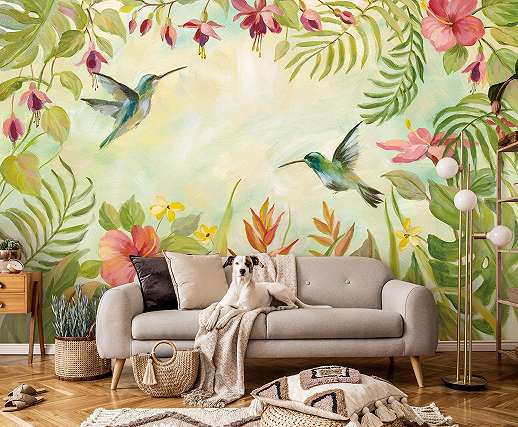 Trópusi virág és kolibri mintás akvarell stílusú fotótapéta 368x254 vlies