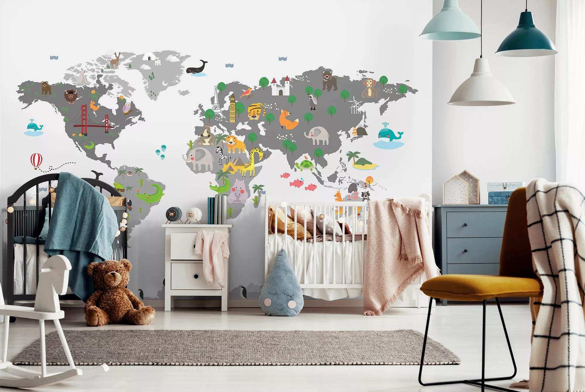 Fali poszter gyerekszobába világtérkép és állat mintákkal vlies kivitelben 416x254 mosható vinyl