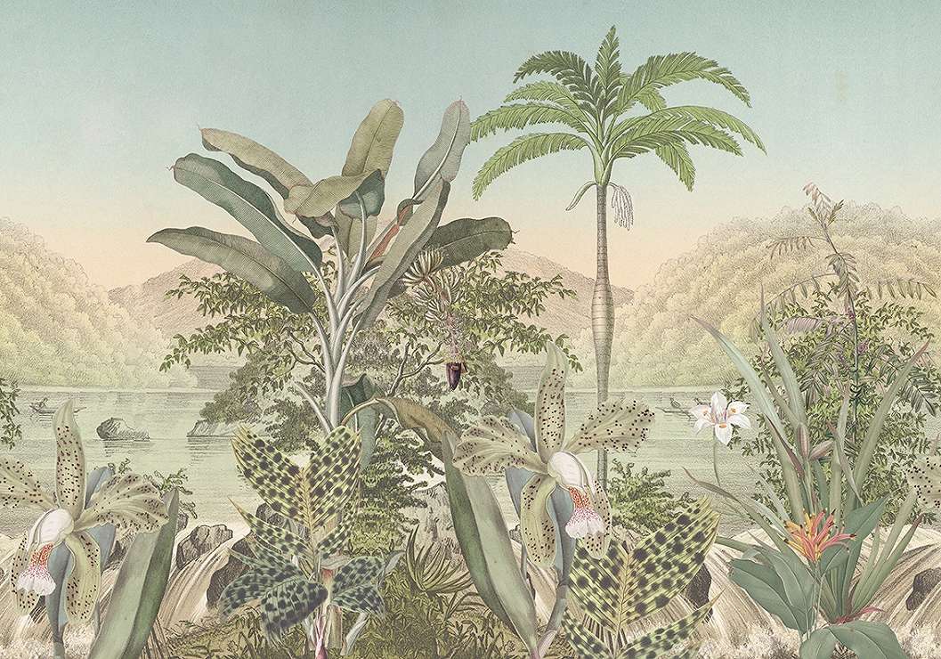 Vintage trópusi tájkép mintás vlies fotótapéta