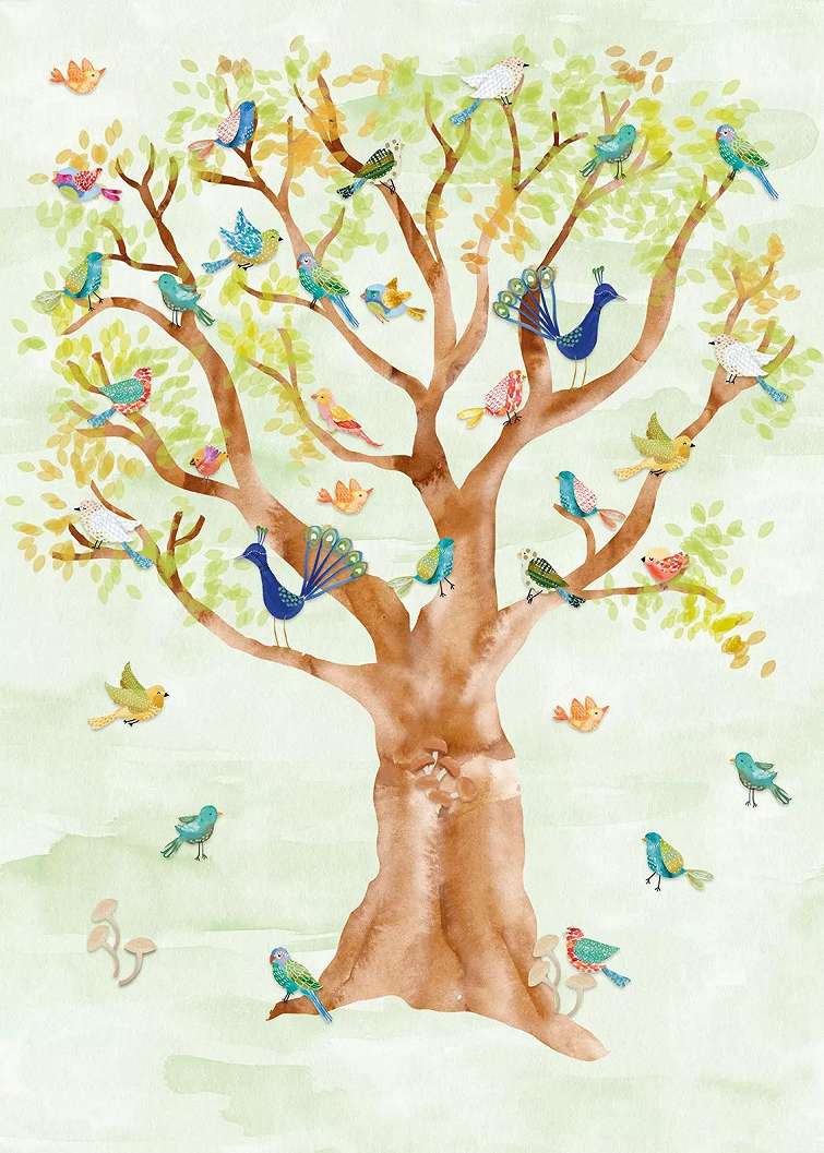 Vízfesték hatású fotótapéta madár és fa mintával gyerekszobába