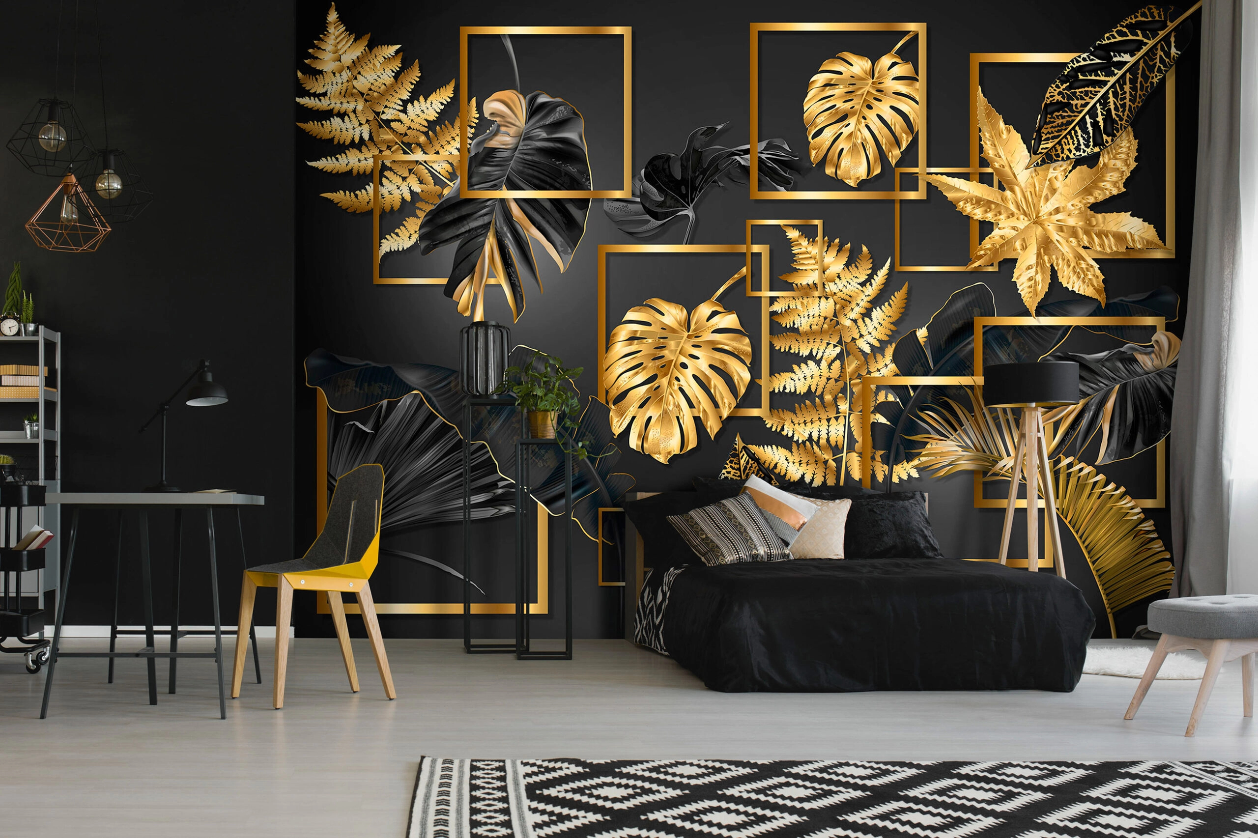 Modern vlies fali poszter fekete aranysárga pálmalevél mintával 368x254 vlies