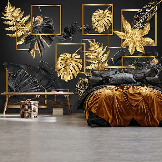 Vlies fotótapéta fekete aranysárga elegáns modern botanikus mintával 368x254 vlies