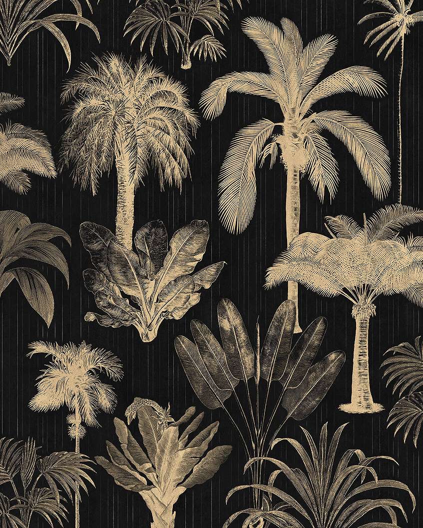 Vlies fotótapéta fekete aranysárga trópusi pálmafás mintával