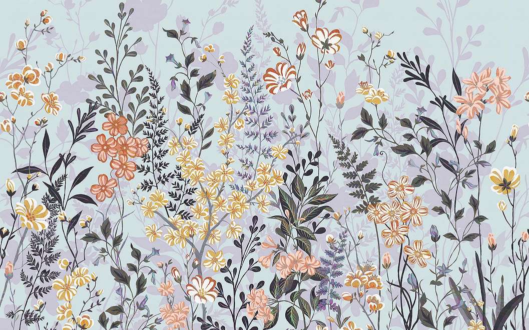 Vlies fotótapéta kékes színvilágban rajzolt mezei virág mintával