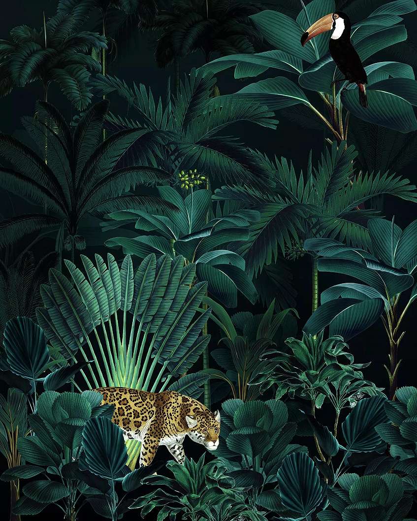 Vlies fotótapéta leopárd tukán és dzsungel mintával