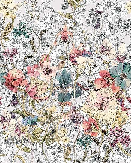 Vlies fotótapéta rajzolt stílusú színes mezei virágokkal