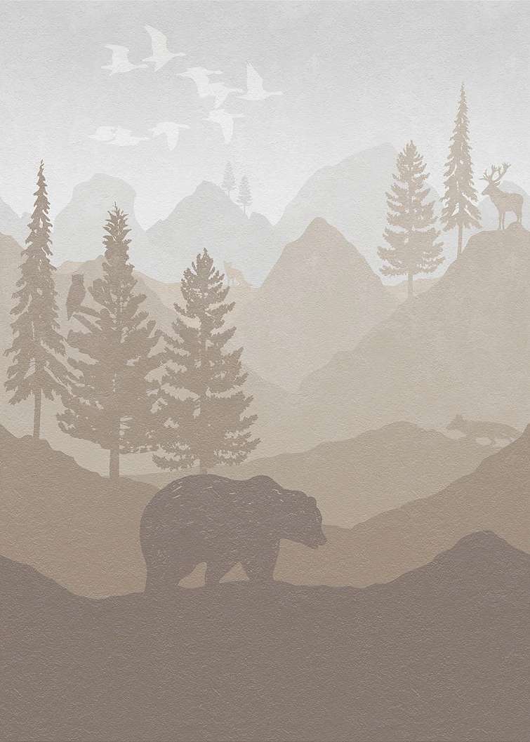 Vlies fotótapéta skandi stílusban medve és hegyvidéki tájkép mintával