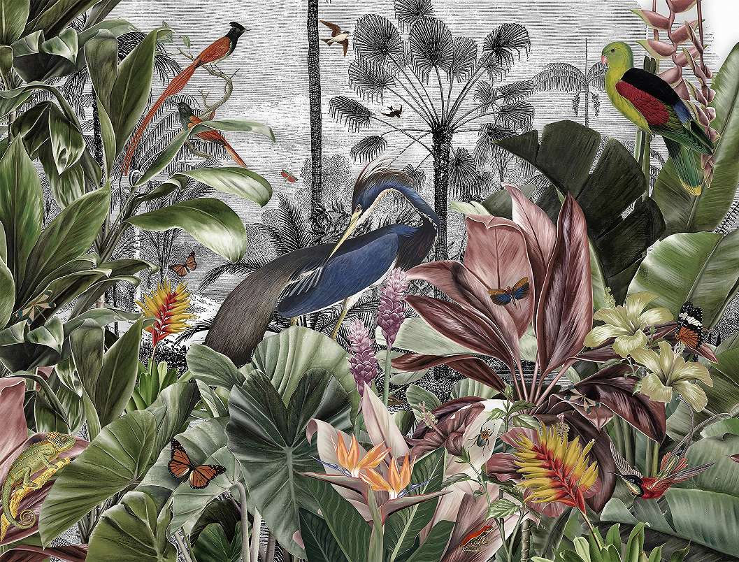 Vlies fotótapéta színes pálmafa madár dzsungel mintával 368x254 vlies