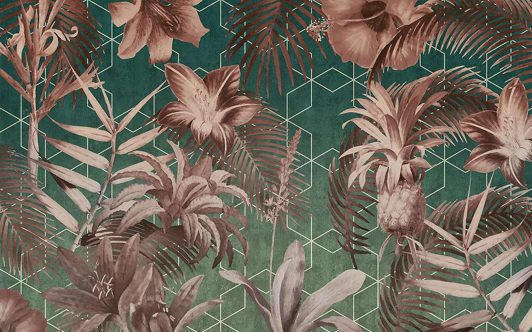 Vlies fotótapéta trópusi virág és levél mintával zöld színvilágban