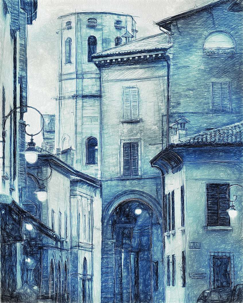 Vlies fotótapéta városi látkép mintával kék rajzolt stílusban