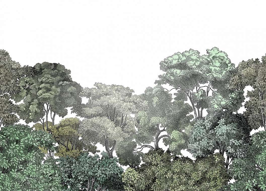 Vlies fotótapéta zöld rajzolt erdei tájképes mintával