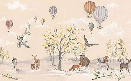 Vlies gyerekszobai fotótapéta erdei állatok és légballon mintával