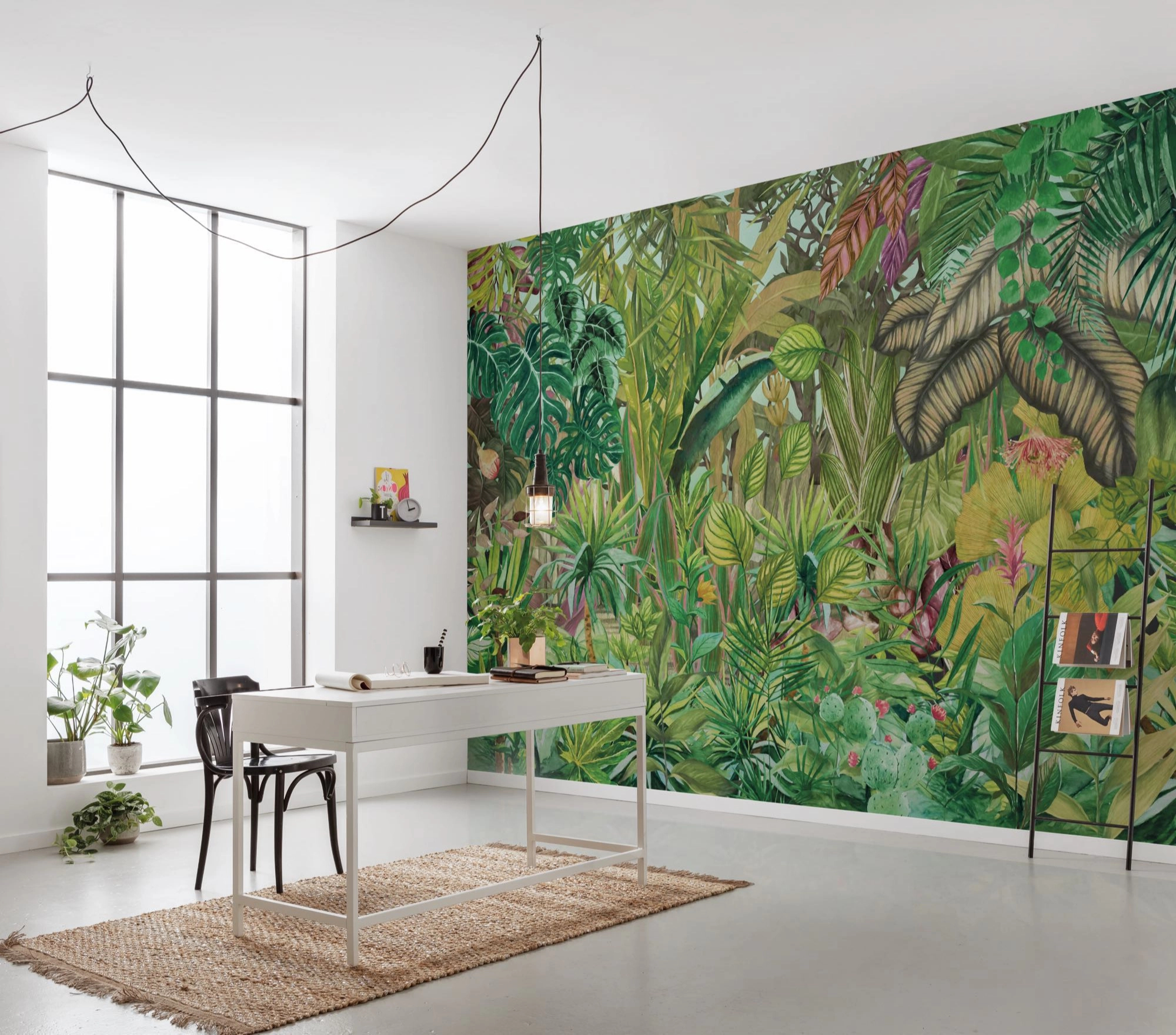 Fotótapéta vidám kékes zöldes buja trópusi botanikus mintával