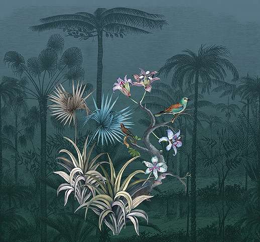 Vlies poszter dzsungel madár mintával kékes színvilágban